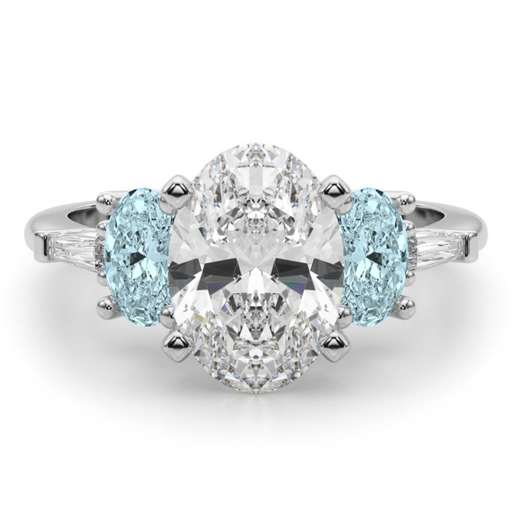 Oval Lab Diamond & Aquamarine Engagement Ring 18K White Gold (3.98ct)