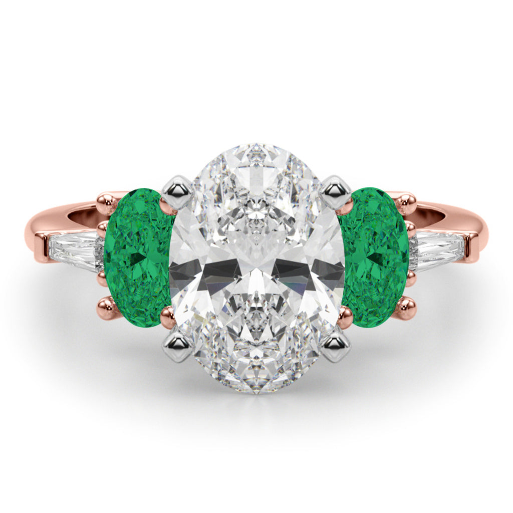 Oval Lab Diamond & Emerald Engagement Ring 14K Rose Gold (3.98ct)