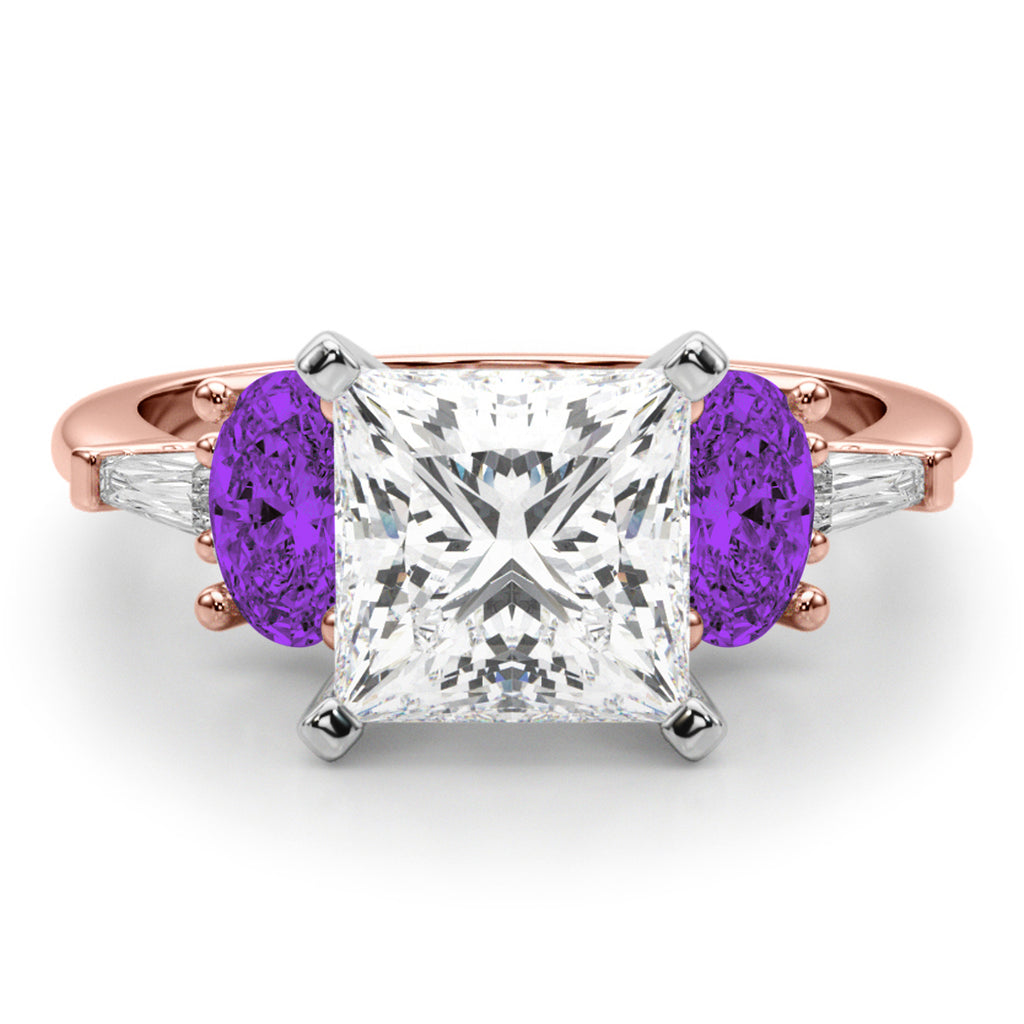 Princess Cut Lab Diamond & Oval Amethyst Engagement Ring 14K Rose Gold (3.98ct)