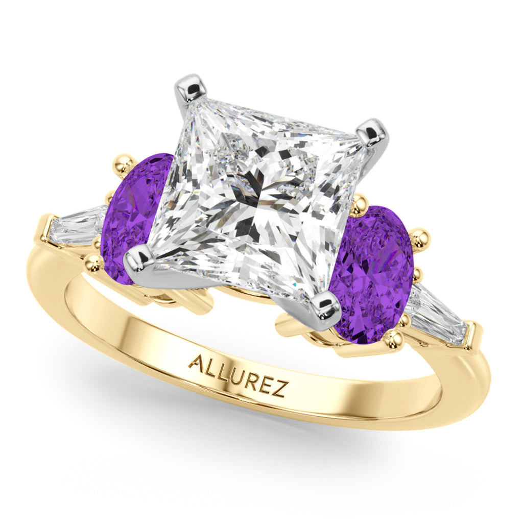 Princess Cut Lab Diamond & Oval Amethyst Engagement Ring 18K Yellow Gold (3.98ct)