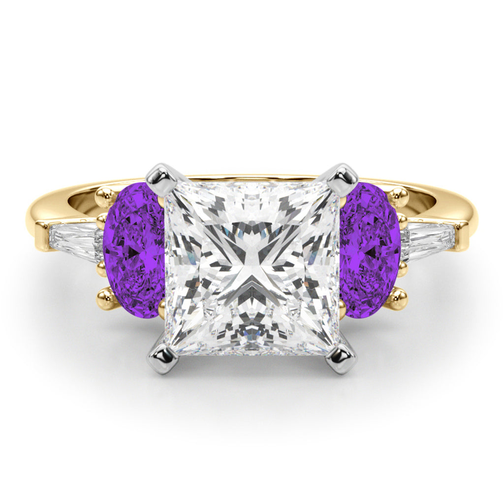 Princess Cut Lab Diamond & Oval Amethyst Engagement Ring 18K Yellow Gold (3.98ct)