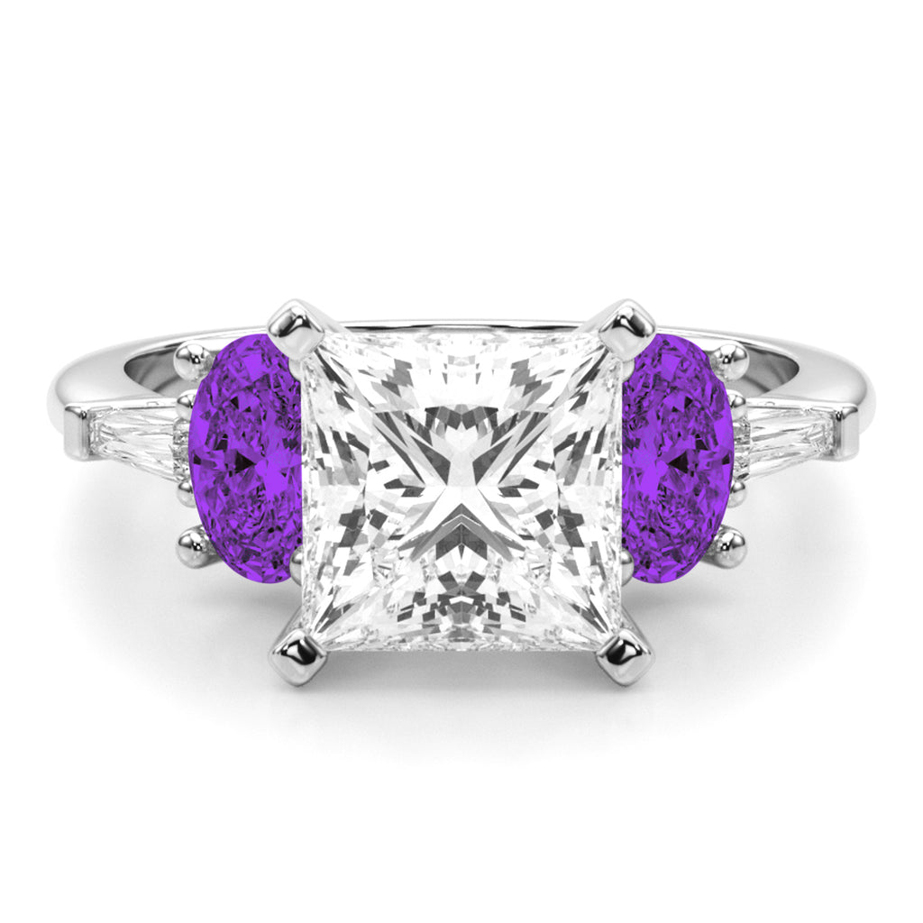 Princess Cut Lab Diamond & Oval Amethyst Engagement Ring in Palladium (3.98ct)
