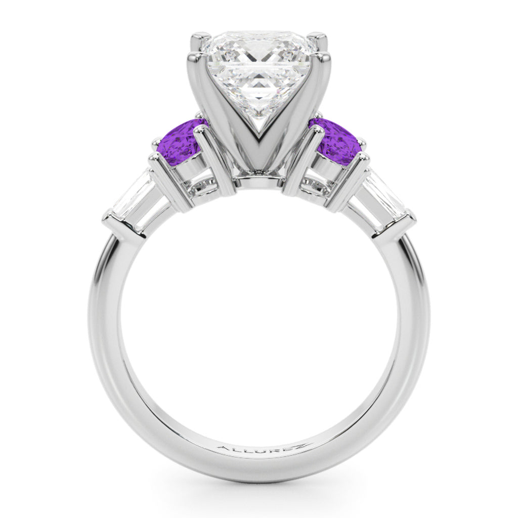 Princess Cut Lab Diamond & Oval Amethyst Engagement Ring in Palladium (3.98ct)