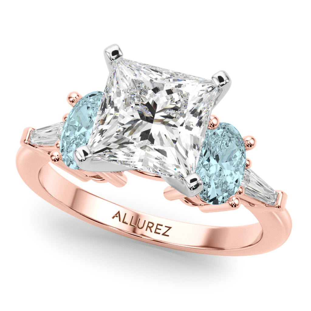 Princess Cut Lab Diamond & Oval Aquamarine Engagement Ring 14K Rose Gold (3.98ct)