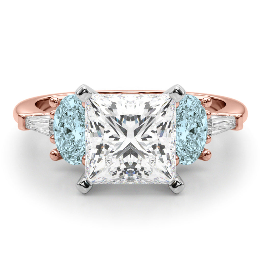 Princess Cut Lab Diamond & Oval Aquamarine Engagement Ring 14K Rose Gold (3.98ct)