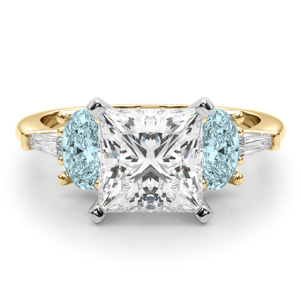 Princess Cut Lab Diamond & Oval Aquamarine Engagement Ring 18K Yellow Gold (3.98ct)