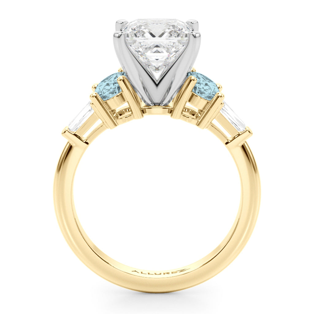 Princess Cut Lab Diamond & Oval Aquamarine Engagement Ring 18K Yellow Gold (3.98ct)