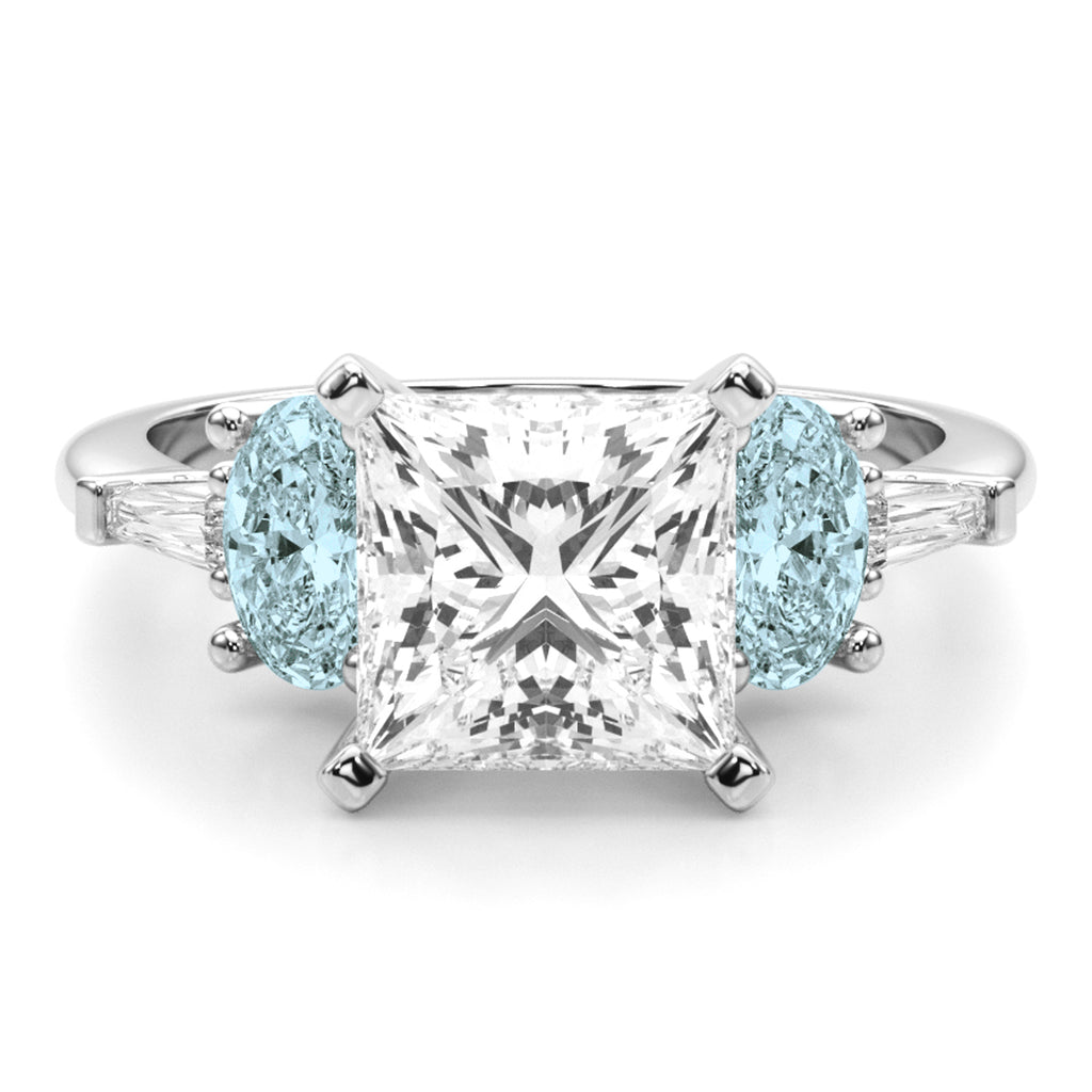 Princess Cut Lab Diamond & Oval Aquamarine Engagement Ring in Platinum (3.98ct)