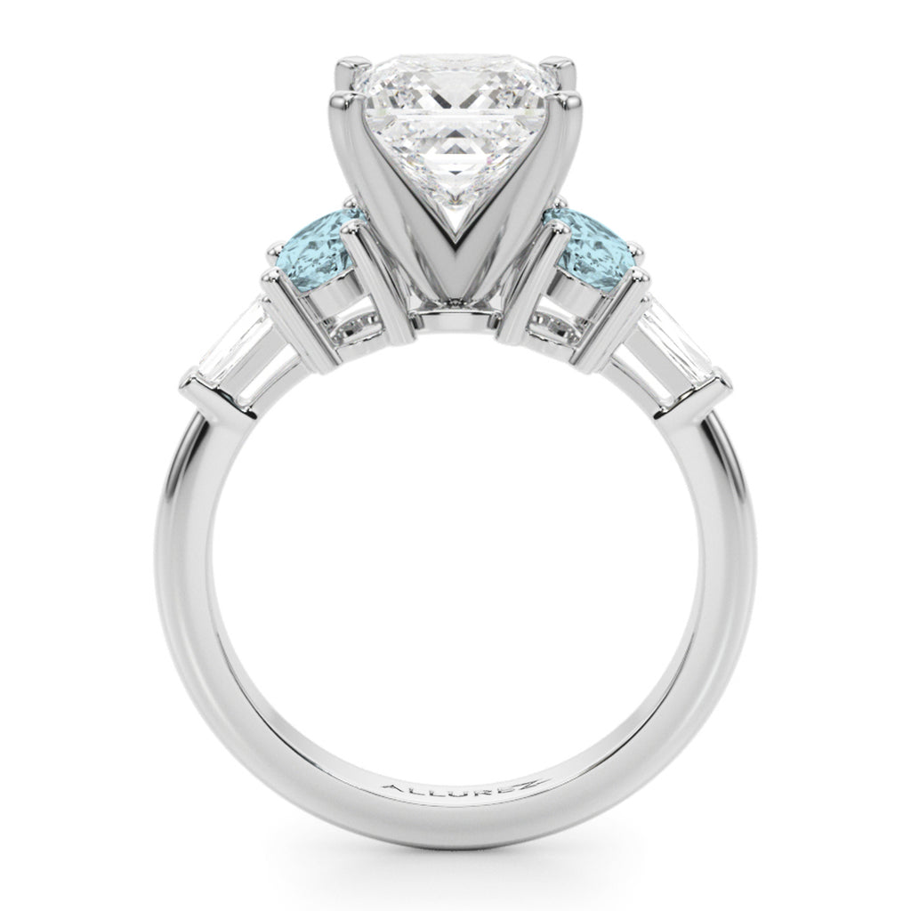 Princess Cut Lab Diamond & Oval Aquamarine Engagement Ring in Platinum (3.98ct)