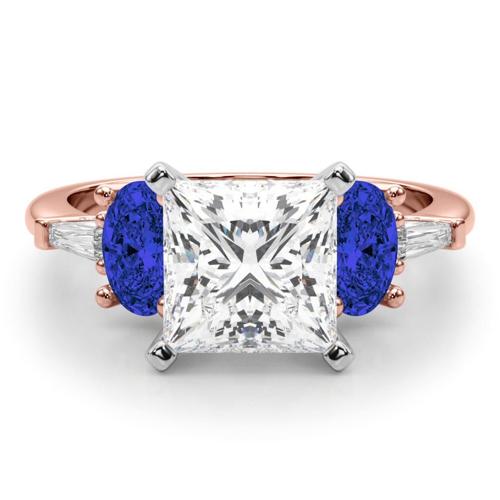 Princess Cut Lab Diamond & Oval Blue Sapphire Engagement Ring 14K Rose Gold (4.32ct)