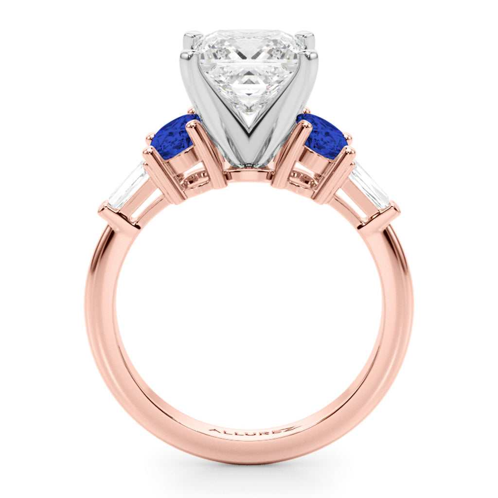 Princess Cut Lab Diamond & Oval Blue Sapphire Engagement Ring 14K Rose Gold (4.32ct)