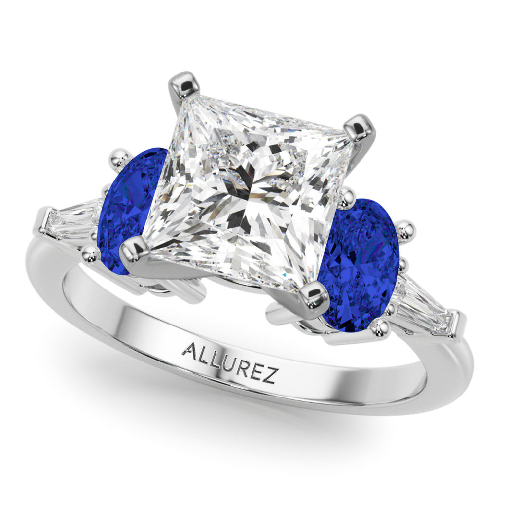 Princess Cut Lab Grown Diamond & Oval Blue Sapphire Engagement Ring 14K White Gold (4.32ct)