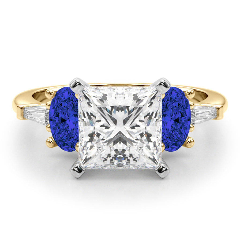 Princess Cut Lab Diamond & Oval Blue Sapphire Engagement Ring 14K Yellow Gold (4.32ct)
