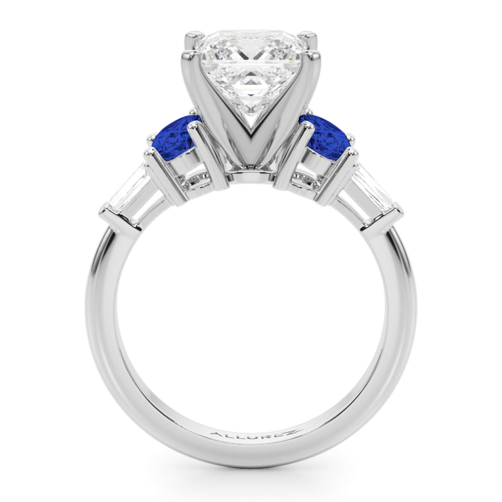 Princess Cut Lab Diamond & Oval Blue Sapphire Engagement Ring 18K White Gold (4.32ct)