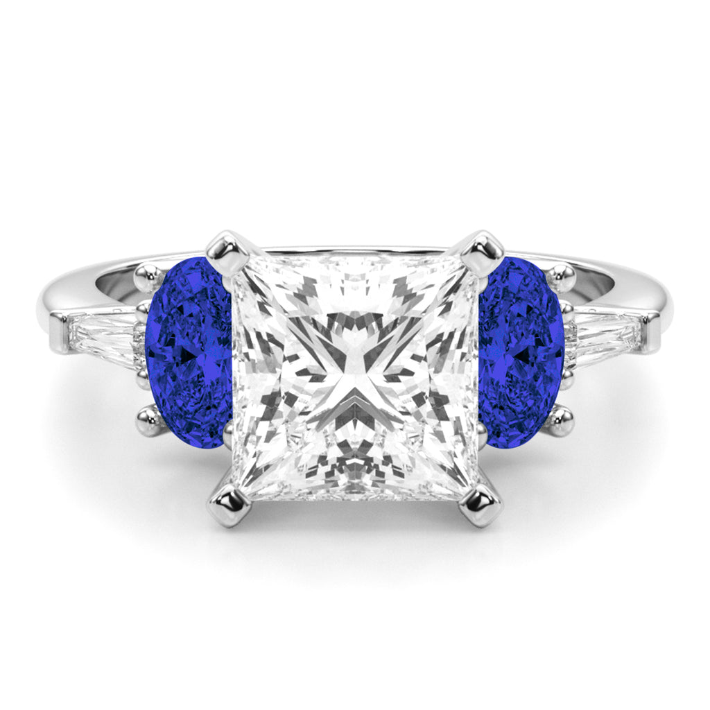 Princess Cut Lab Diamond & Oval Blue Sapphire Engagement Ring in Palladium (4.32ct)
