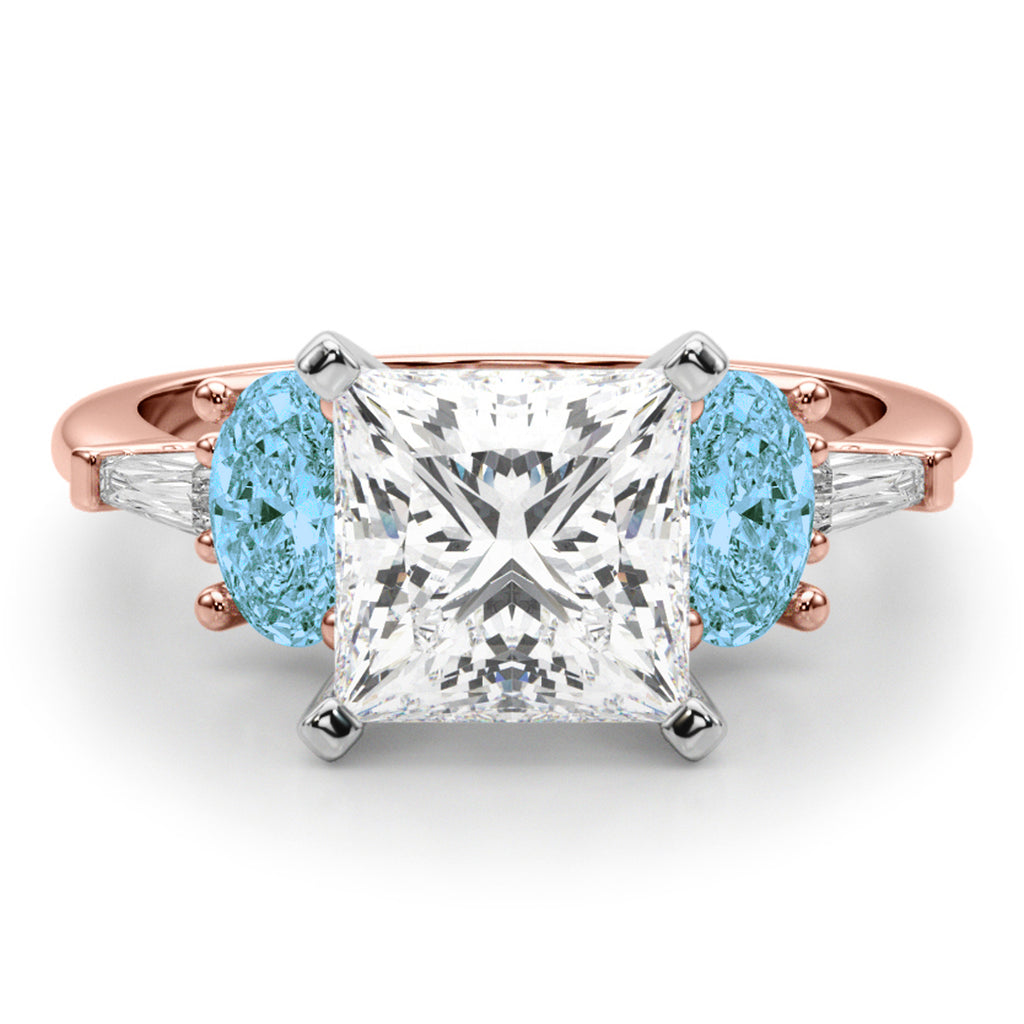 Princess Cut Lab Diamond & Oval Blue Topaz Engagement Ring 14K Rose Gold (4.18ct)