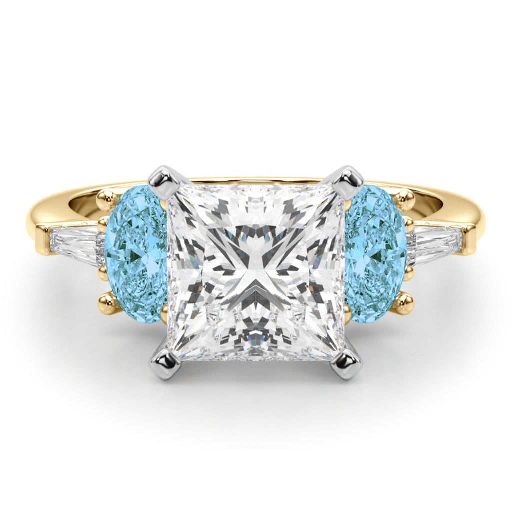 Princess Cut Lab Diamond & Oval Blue Topaz Engagement Ring 14K Yellow Gold (4.18ct)