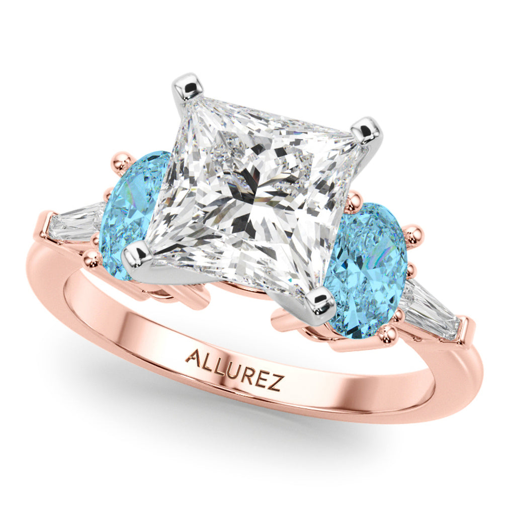 Princess Cut Lab Diamond & Oval Blue Topaz Engagement Ring 18K Rose Gold (4.18ct)