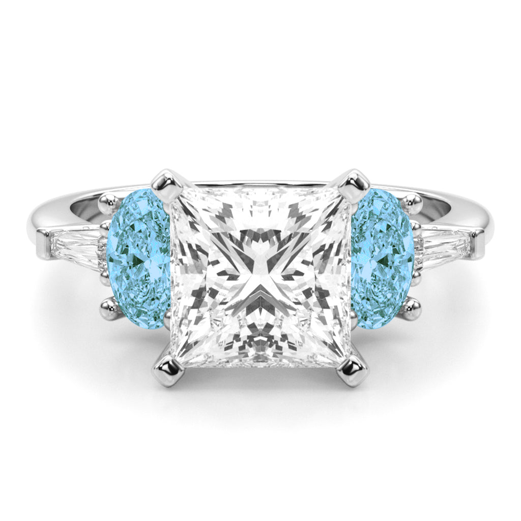 Princess Cut Lab Diamond & Oval Blue Topaz Engagement Ring in Palladium (4.18ct)
