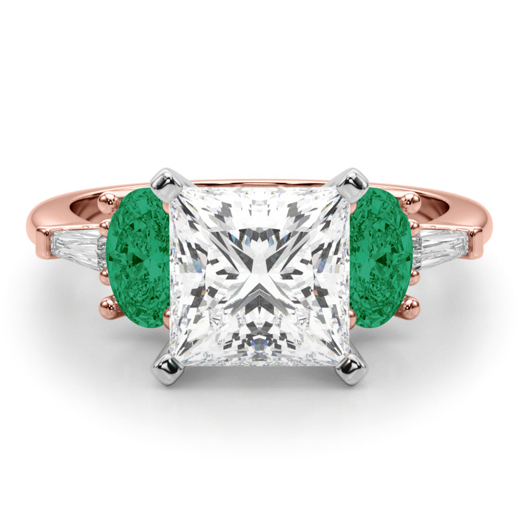 Princess Cut Lab Diamond & Oval Emerald Engagement Ring 14K Rose Gold (3.98ct)