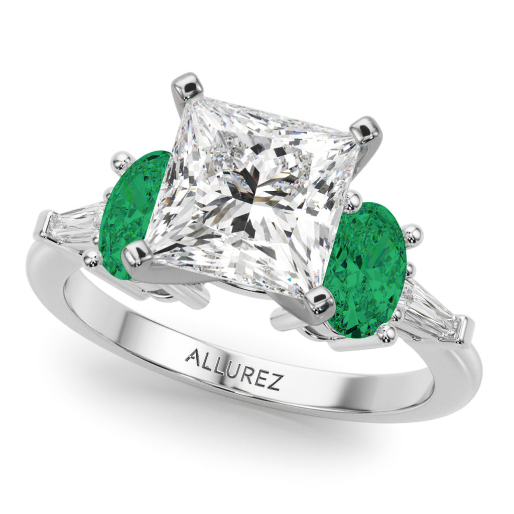 Princess Cut Lab Diamond & Oval Emerald Engagement Ring 14K White Gold (3.98ct)
