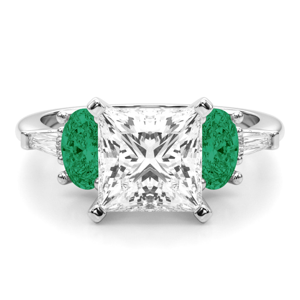 Princess Cut Lab Diamond & Oval Emerald Engagement Ring 14K White Gold (3.98ct)