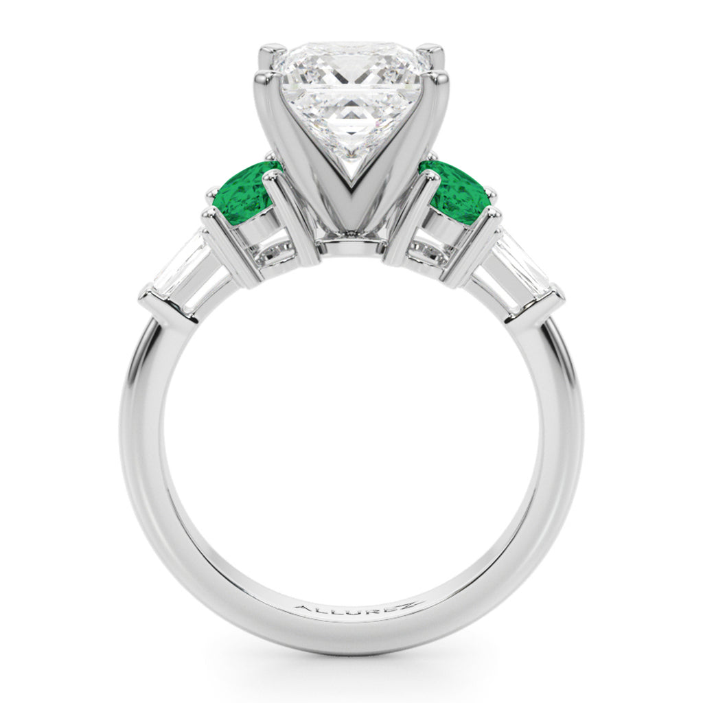Princess Cut Lab Diamond & Oval Emerald Engagement Ring 14K White Gold (3.98ct)