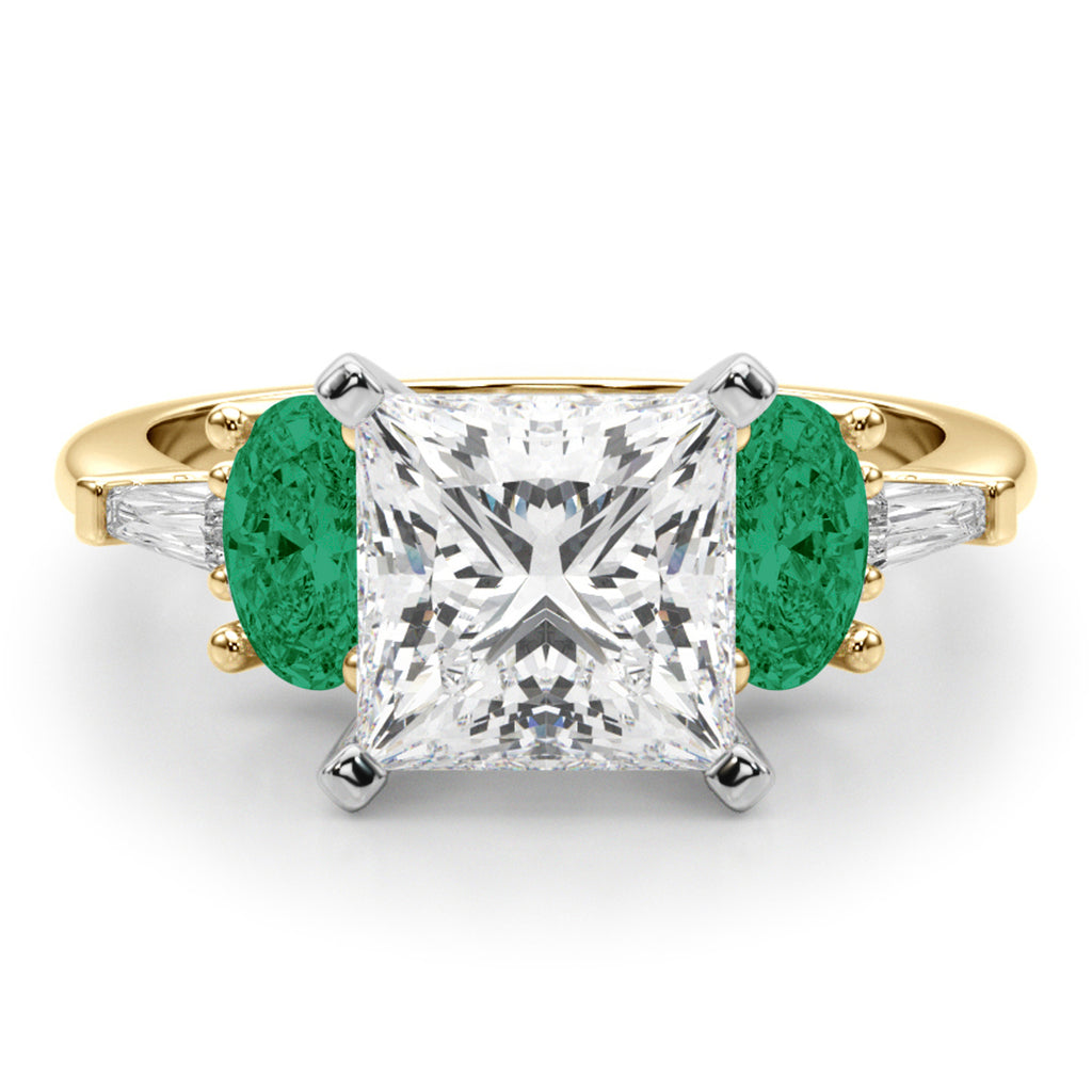 Princess Cut Lab Diamond & Oval Emerald Engagement Ring 18K Yellow Gold (3.98ct)