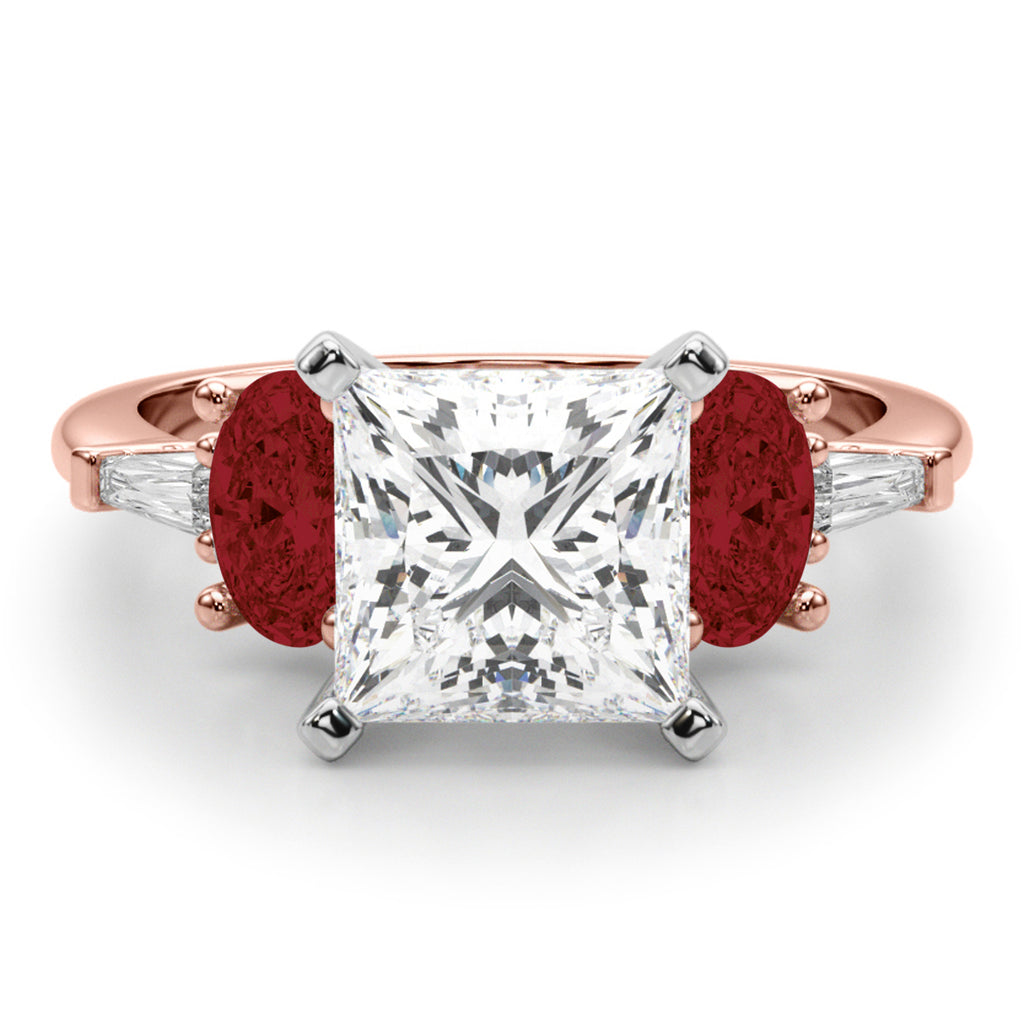 Princess Cut Lab Diamond & Oval Garnet Engagement Ring 14K Rose Gold (4.18ct)