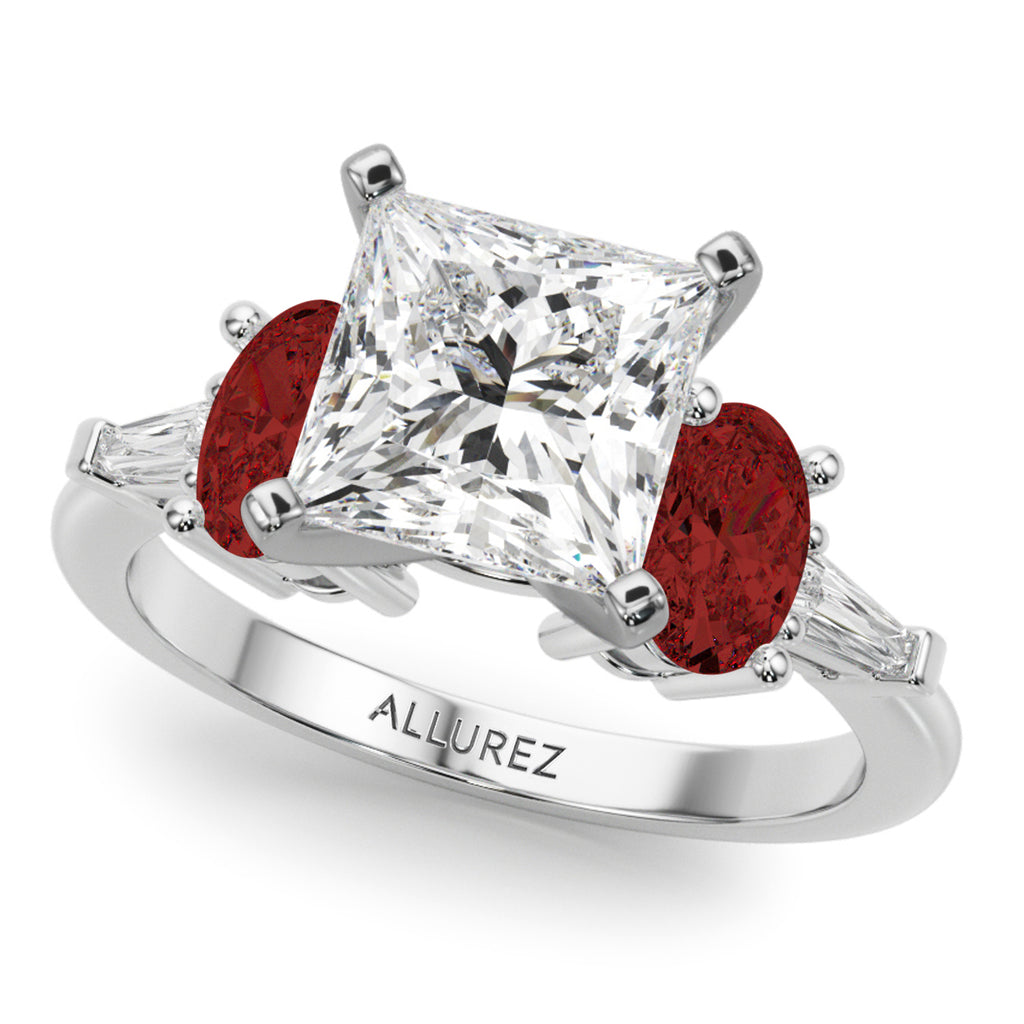 Princess Cut Lab Grown Diamond & Oval Garnet Engagement Ring 14K White Gold (4.18ct)