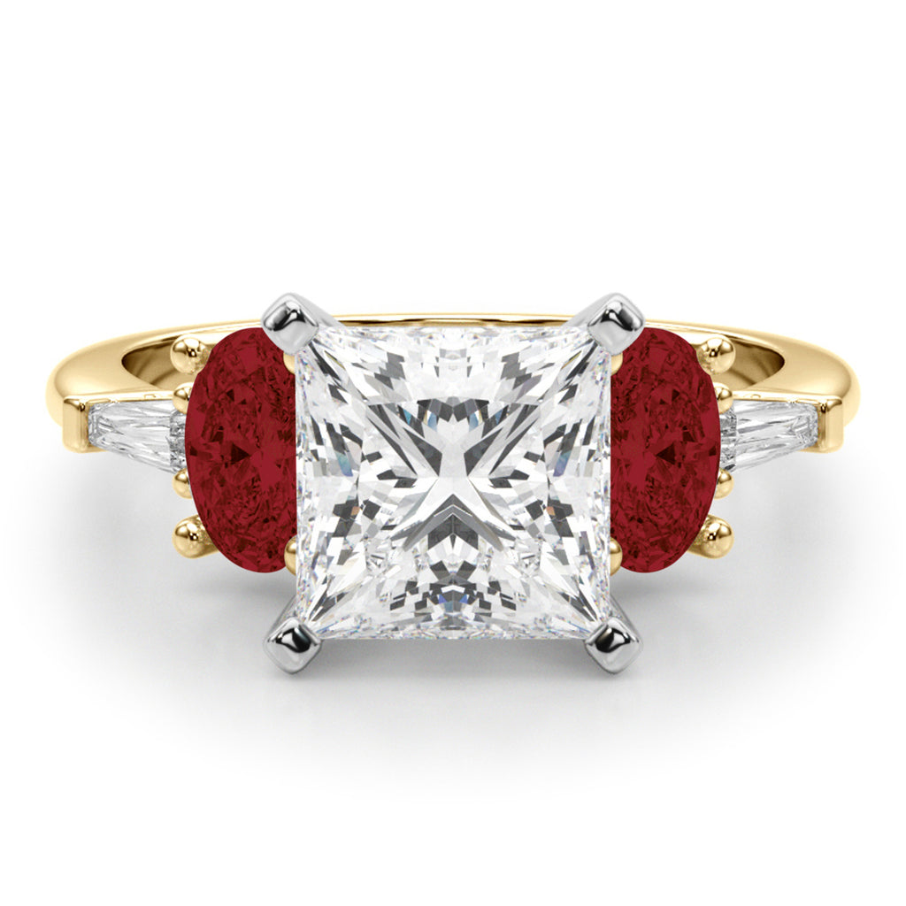 Princess Cut Lab Diamond & Oval Garnet Engagement Ring 18K Yellow Gold (4.18ct)