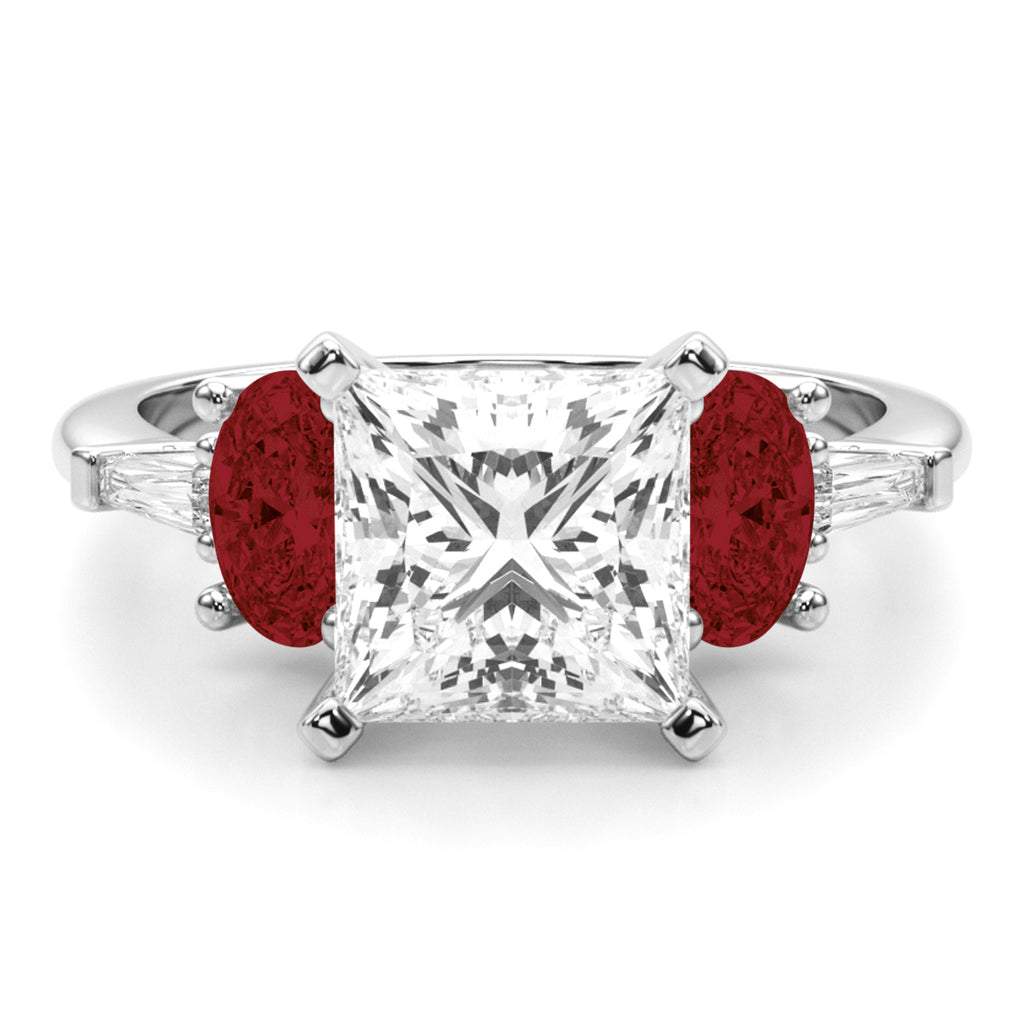 Princess Cut Lab Diamond & Oval Garnet Engagement Ring in Platinum (4.18ct)