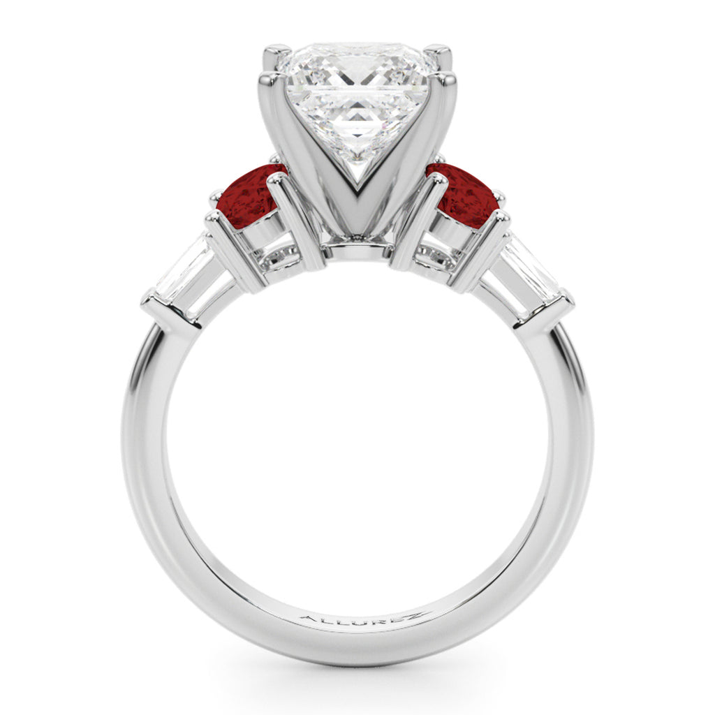 Princess Cut Lab Diamond & Oval Garnet Engagement Ring in Platinum (4.18ct)