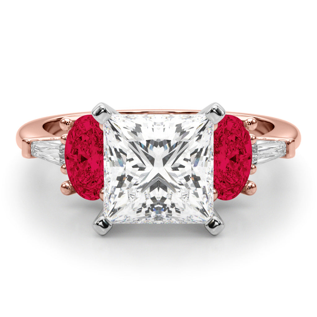 Princess Cut Lab Diamond & Oval Ruby Engagement Ring 18K Rose Gold (4.24ct)