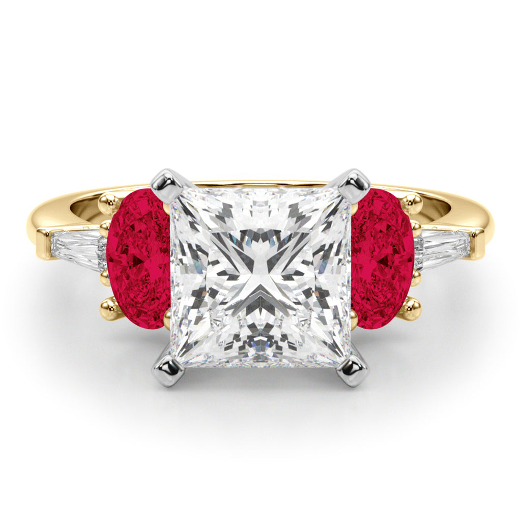 Princess Cut Lab Diamond & Oval Ruby Engagement Ring 18K Yellow Gold (4.24ct)