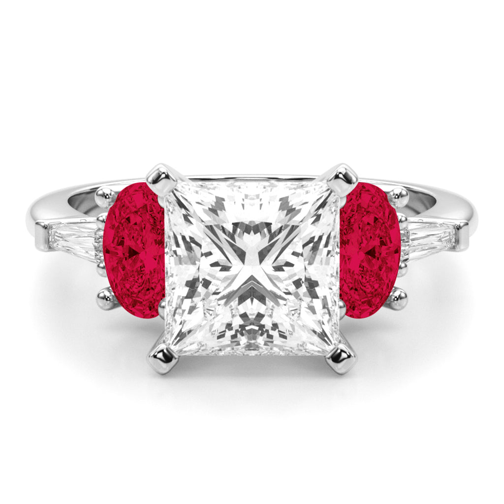 Princess Cut Lab Diamond & Oval Ruby Engagement Ring in Palladium (4.24ct)