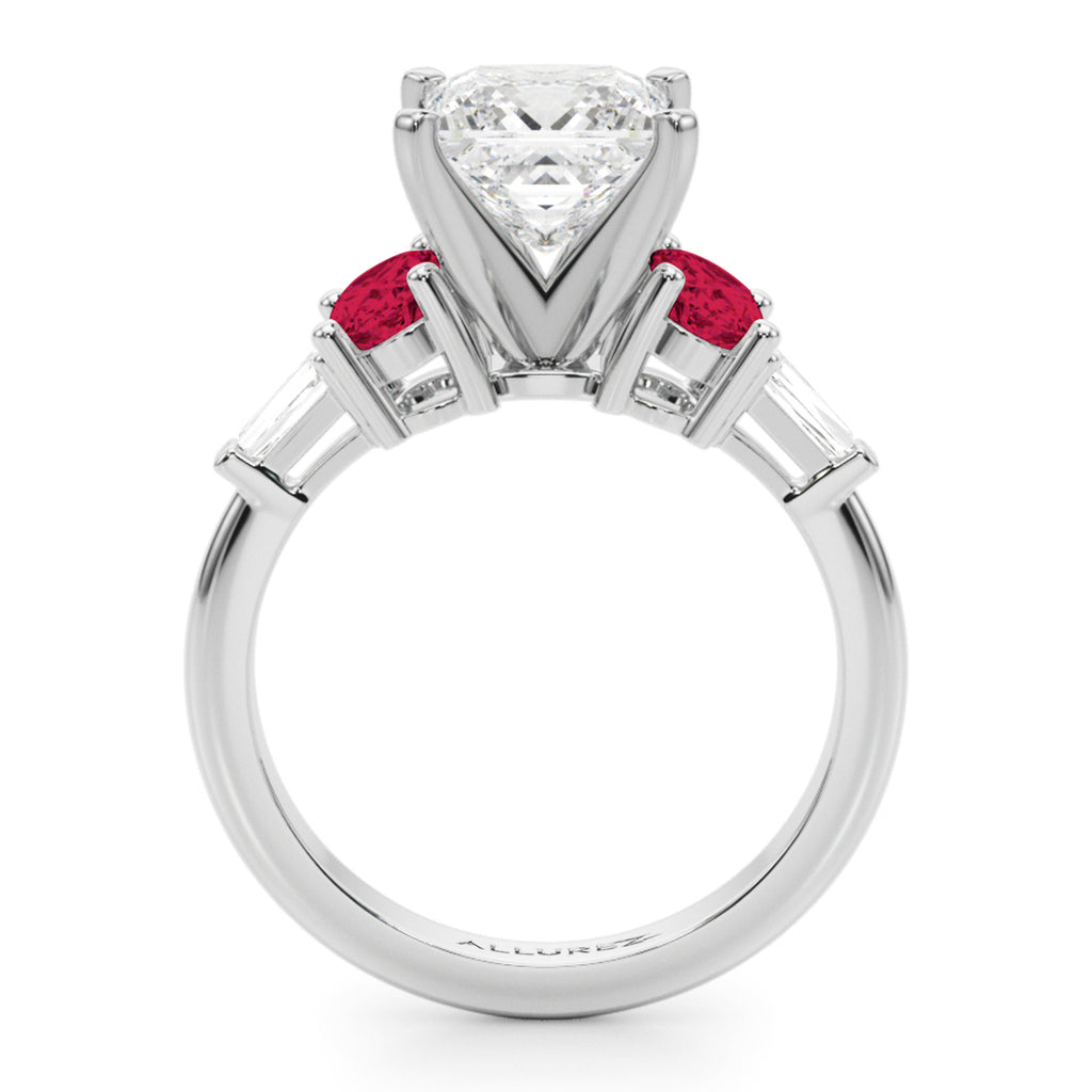 Princess Cut Lab Diamond & Oval Ruby Engagement Ring in Palladium (4.24ct)