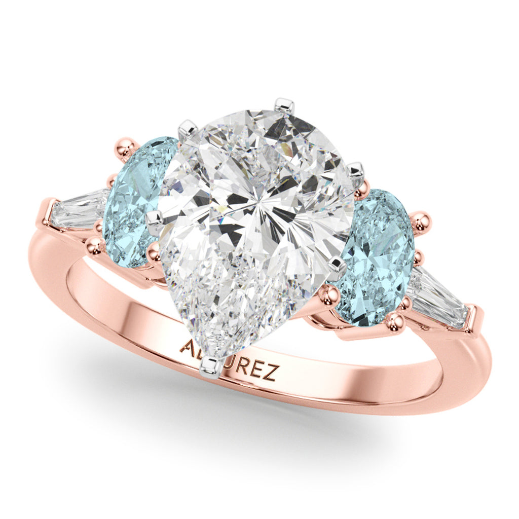 Pear Lab Diamond & Oval Aquamarine Engagement Ring 14K Rose Gold (3.98ct)
