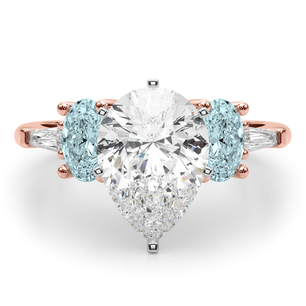 Pear Lab Diamond & Oval Aquamarine Engagement Ring 14K Rose Gold (3.98ct)