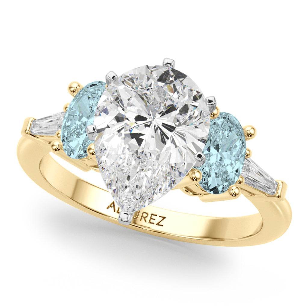 Pear Lab Diamond & Oval Aquamarine Engagement Ring 18K Yellow Gold (3.98ct)