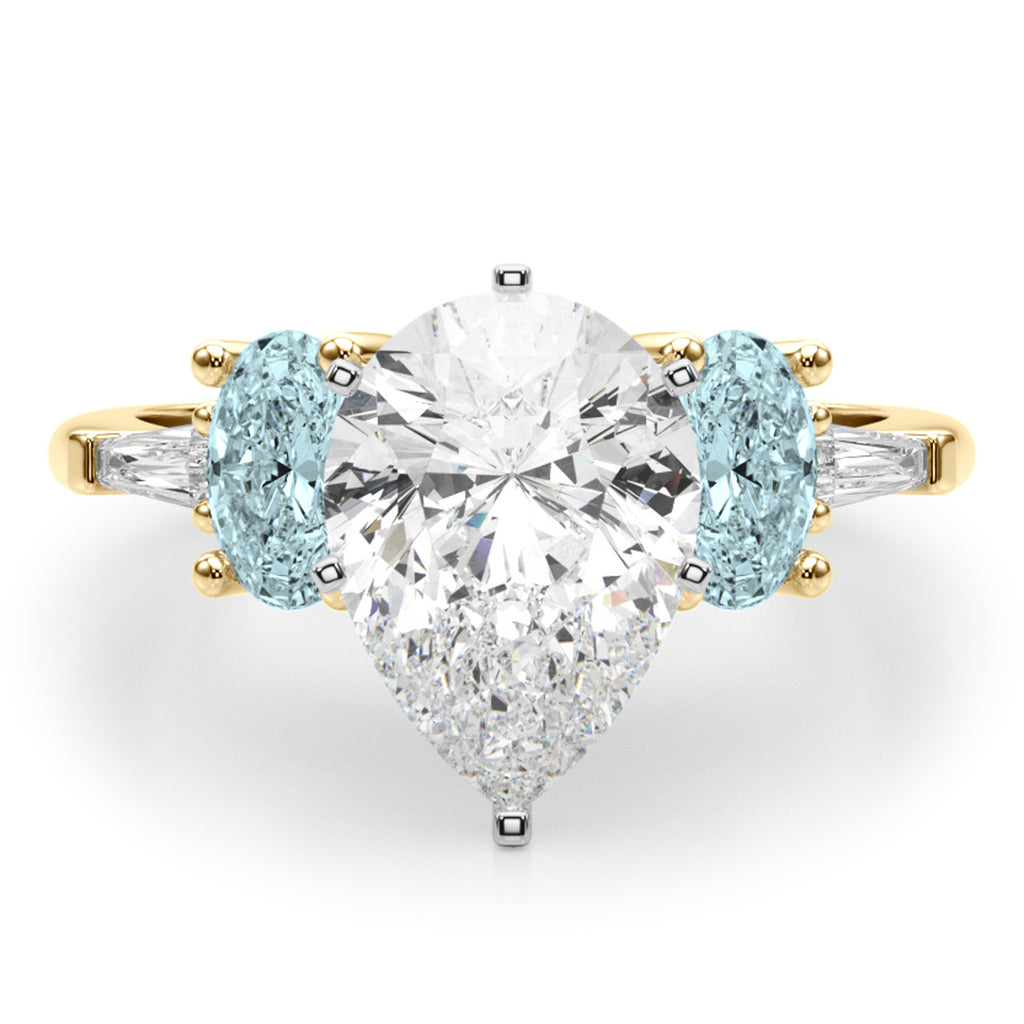 Pear Lab Diamond & Oval Aquamarine Engagement Ring 18K Yellow Gold (3.98ct)