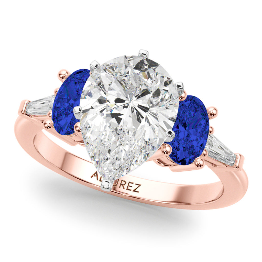 Pear Lab Diamond & Oval Blue Sapphire Engagement Ring 14K Rose Gold (4.32ct)