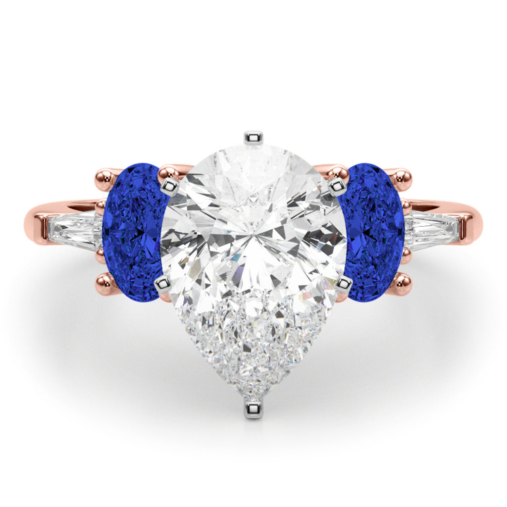 Pear Lab Diamond & Oval Blue Sapphire Engagement Ring 14K Rose Gold (4.32ct)