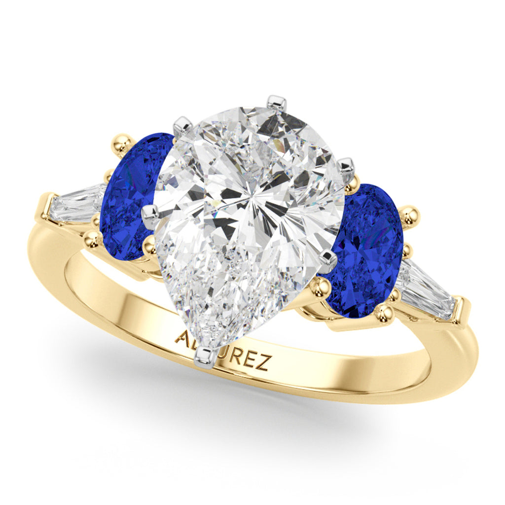 Pear Lab Diamond & Oval Blue Sapphire Engagement Ring 14K Yellow Gold (4.32ct)