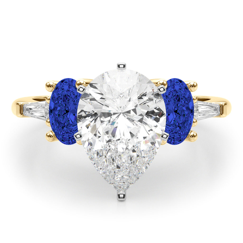 Pear Lab Diamond & Oval Blue Sapphire Engagement Ring 14K Yellow Gold (4.32ct)