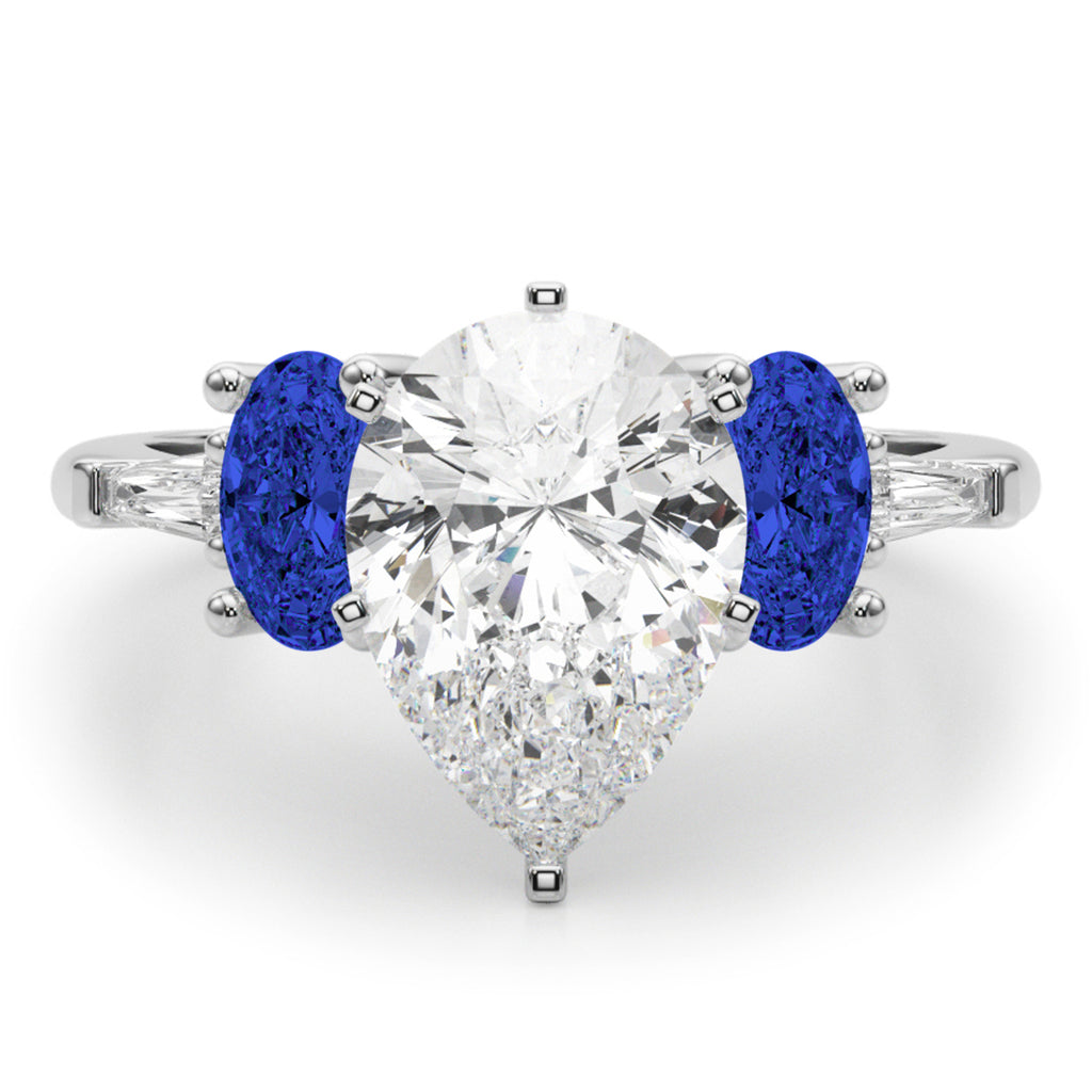 Pear Lab Diamond & Oval Blue Sapphire Engagement Ring in Platinum (4.32ct)