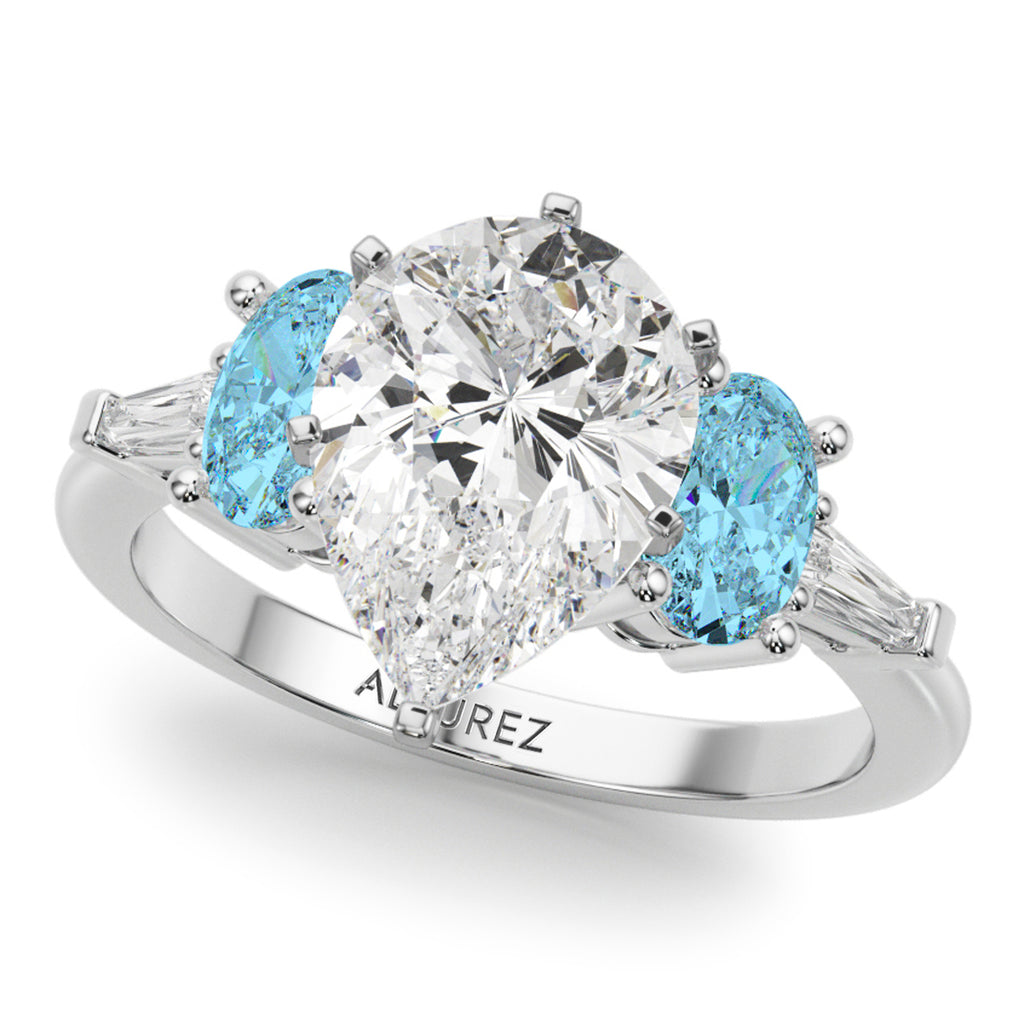 Pear Lab Diamond & Oval Blue Topaz Engagement Ring in Palladium (4.18ct)