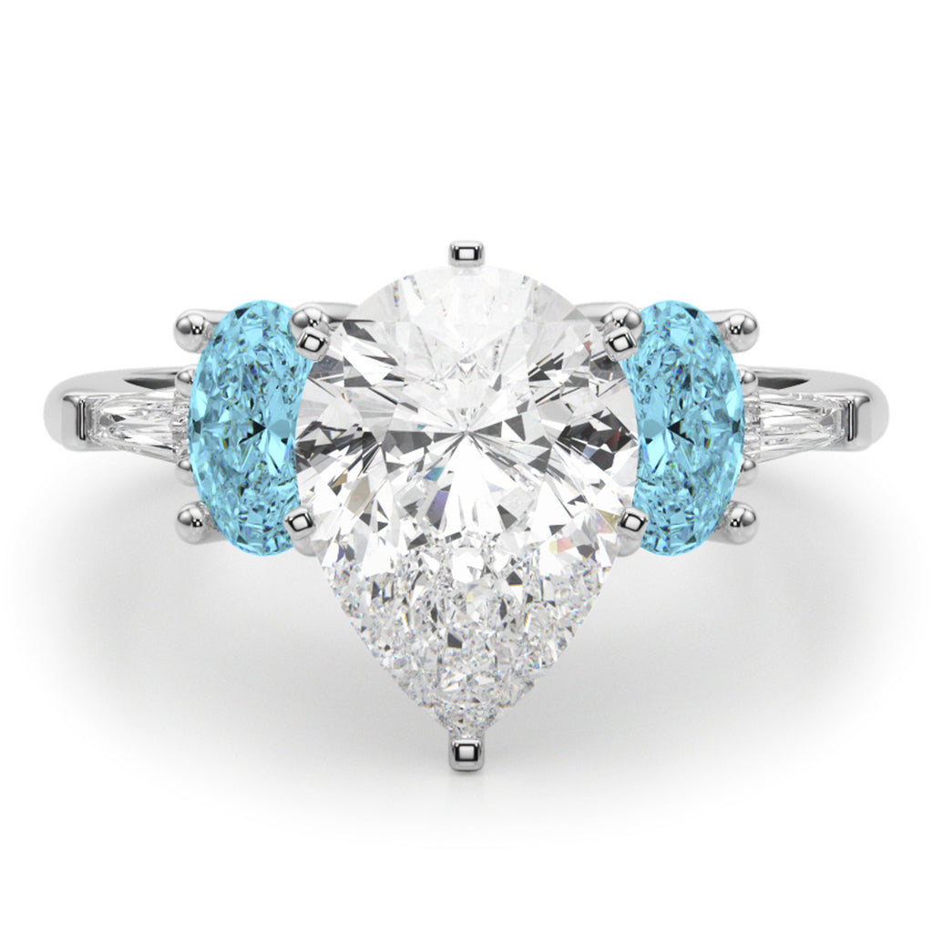 Pear Lab Diamond & Oval Blue Topaz Engagement Ring in Palladium (4.18ct)