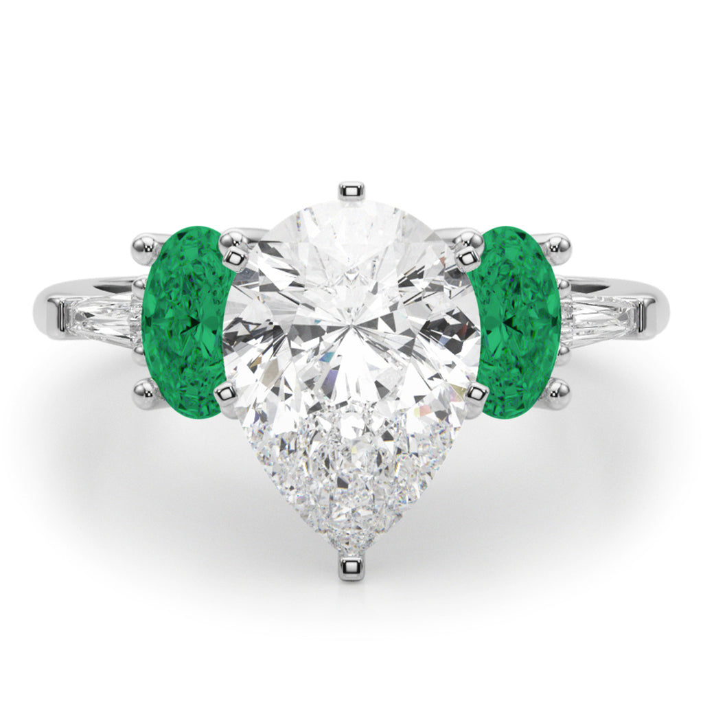 Pear Lab Diamond & Oval Emerald Engagement Ring in Palladium (3.98ct)