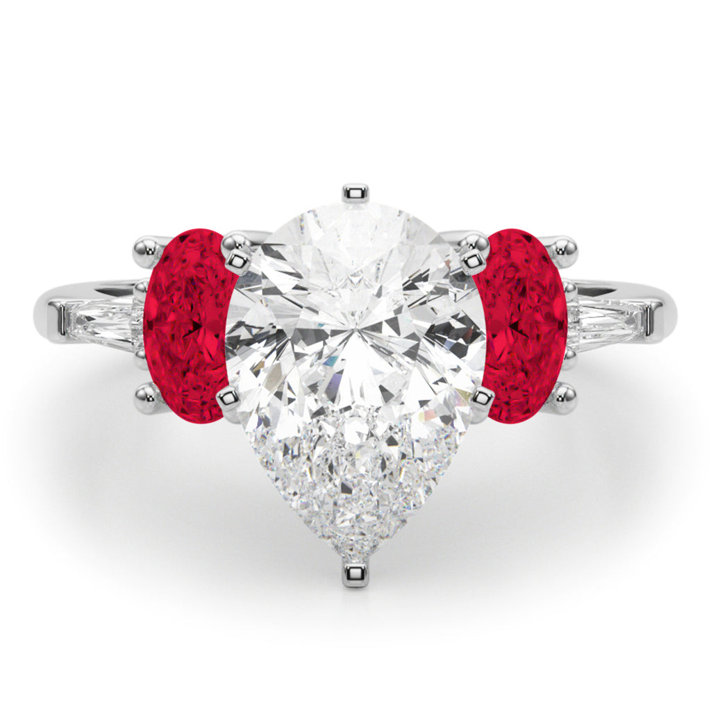Pear Lab Grown Diamond & Oval Ruby Engagement Ring 14K White Gold (4.24ct)